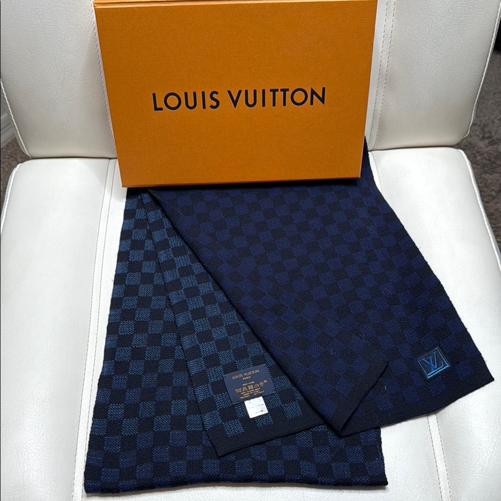 AuthenticLouis Vuitton Blue Scarf Luxurious Accessory Box Included